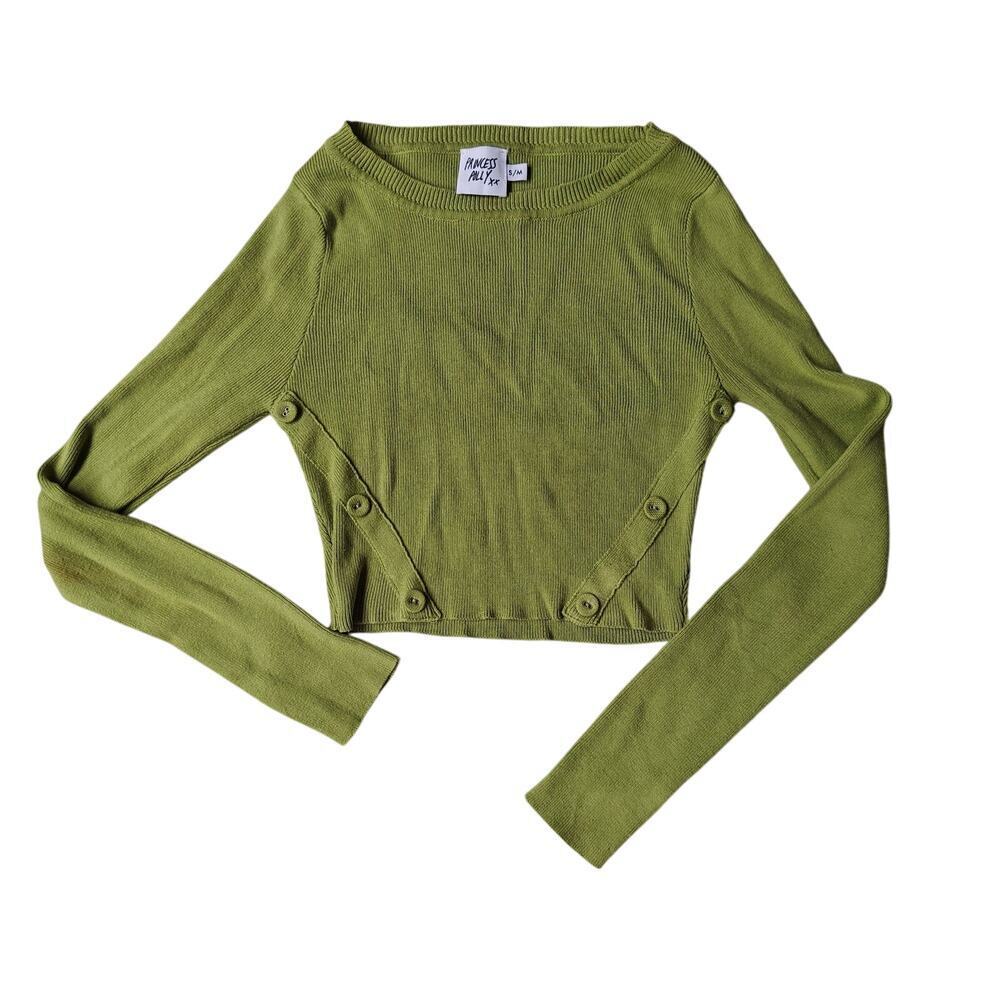 Princess Polly Ribbed Green Button-Detail Sweater — Crew Neck, Long Sleeve (S/M)